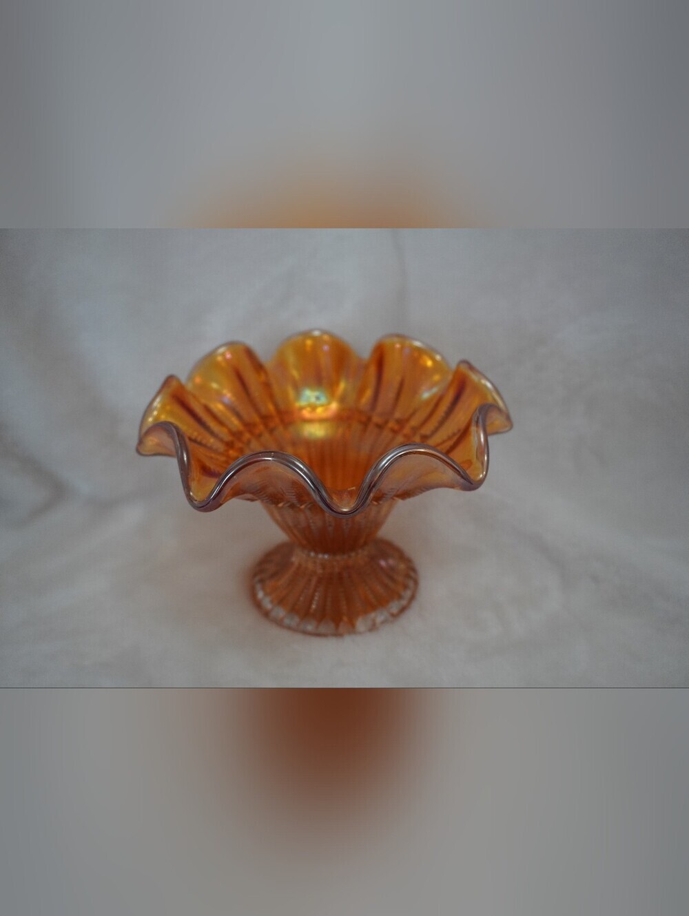 Iridescent Amber Marigold Carnival Glass Pedestal Dish